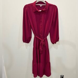 Nanette Lepore Button Up Dress Tie Waist Women’s Size 10 Cranberry Midi Length